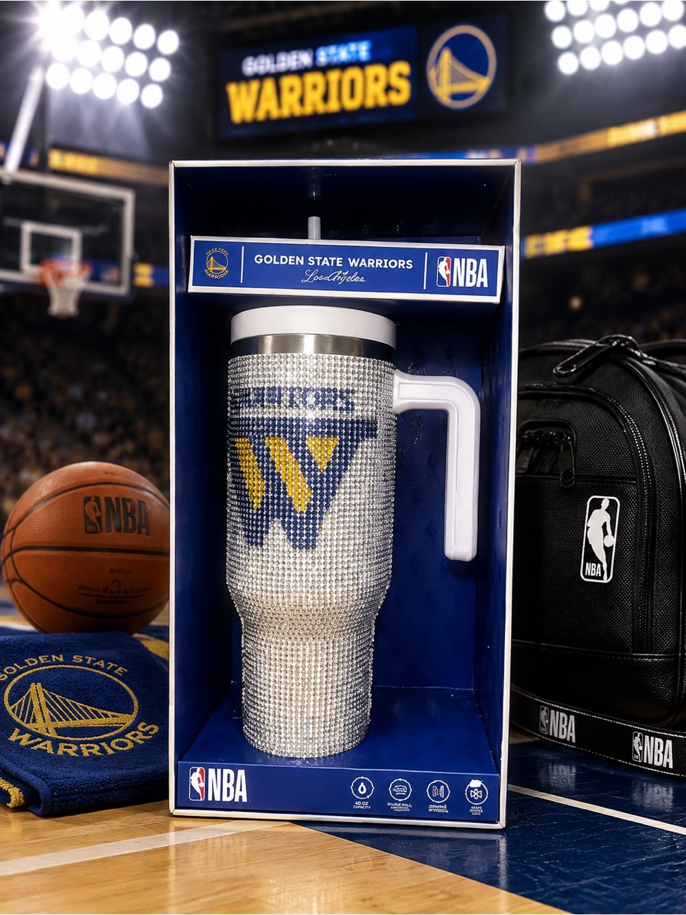 💙💛 Official NBA Golden State Warriors Hydrapeak 40 oz Bling Voyager Tumbler —New